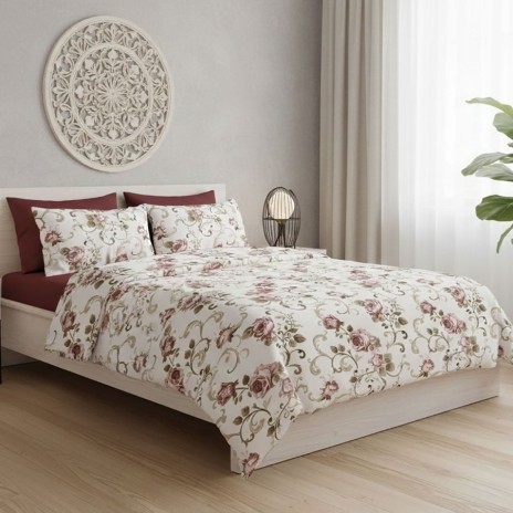 Lenjerie de pat dublu alba cu flori vintage roz/bej pe fond deschis cu cearceaf uni maro