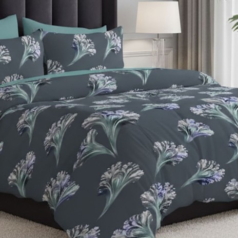 Lenjerie de pat dublu gri cu cu imprimeu floral abstract