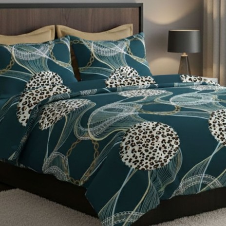 Lenjerie de pat dublu abstract verde petrol cu accente leopard