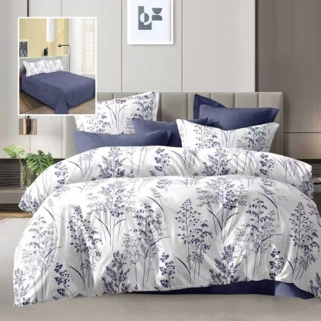 Lenjerie de pat dublu alba cu imprimeu flori albastre indigo si cearsaf drept uni albastru indigo