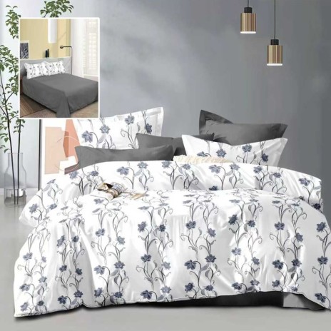 Lenjerie de pat dublu alba cu imprimeu flori gri albastrui si cearsaf drept uni gri inchis