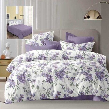 Lenjerie de pat dublu alba cu imprimeu flori mov lila si cearsaf drept uni mov lila
