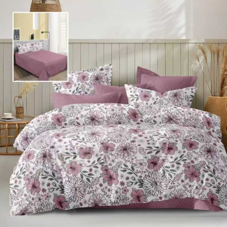 Lenjerie de pat dublu cu imprimeu floral mov si cearsaf drept uni mov