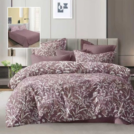 Lenjerie de pat dublu mov pruna cu imprimeu flori albe si cearsaf drept uni mov pruna