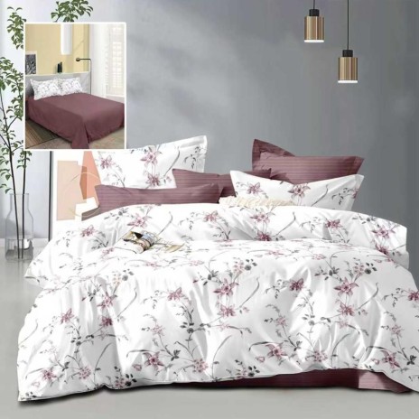 Lenjerie de pat dublu alba cu imprimeu flori mov pruna si cearsaf drept mov pruna