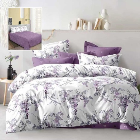 Lenjerie de pat dublu alba cu imprimeu flori mov violet si cearsaf drept uni mov violet