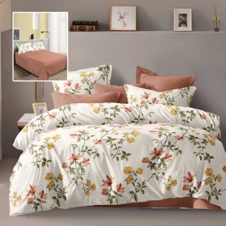 Lenjerie de pat dublu alba cu imprimeu flori portocalii si galbene si cearsaf drept uni portocaliu inchis