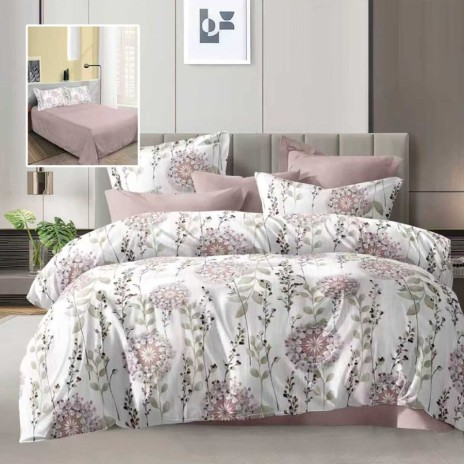 Lenjerie de pat dublu alba cu imprimeu flori roz pal si cearsaf drept uni roz pal