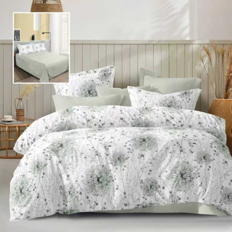 Lenjerie de pat dublu alba cu imprimeu flori verzi pastel si cearsaf drept uni verde pastel deschis