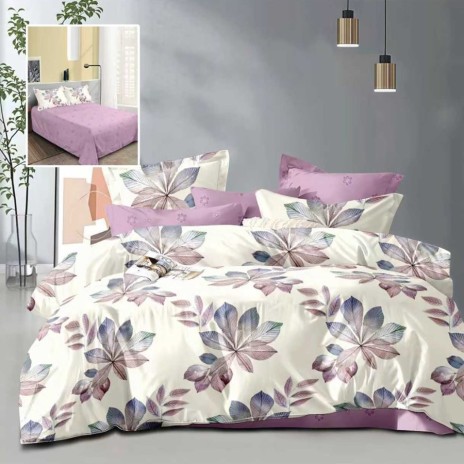 Lenjerie de pat dublu crem cu imprimeu frunze mov si verde si cearsaf drept mov deschis