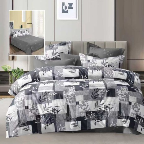 Lenjerie de pat dublu gri cu imprimeu floral si cearsaf drept gri inchis