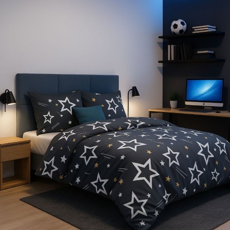 Lenjerie de pat dublu gri cu stelute albe si galbene din bumbac si poliester Elvo - lenjerii 1+1 gratis