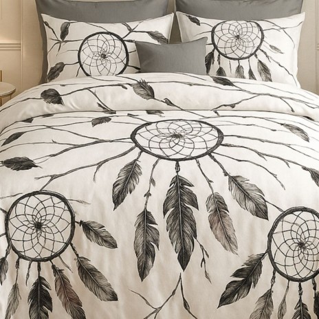 Lenjerie de pat dublu cu pene si cercuri etnice din bumbac si poliester Elvo- lenjerii 1+1 gratis