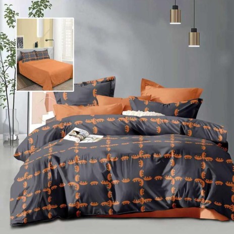 Lenjerie de pat dublu gri cu imprimeu portocaliu si cearsaf drept portocaliu