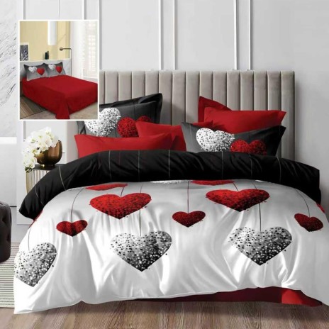 Lenjerie de pat dublu alba cu imprimeu inimi rosu gri si cearsaf drept uni rosu