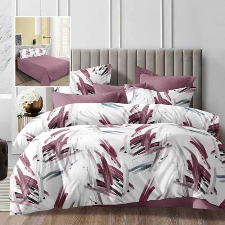 Lenjerie de pat dublu alba cu imprimeu linii burgund si cearsaf drept burgund