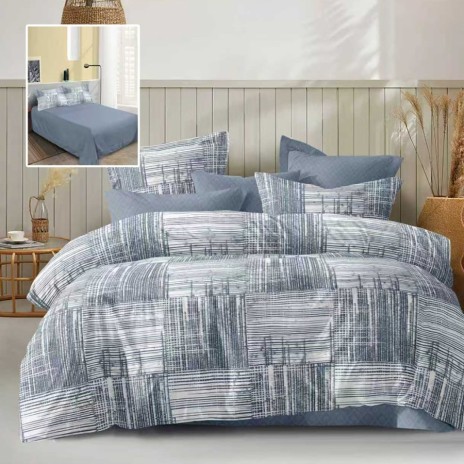 Lenjerie de pat dublu gri cu imprimeu in linii si cearsaf drept gri inchis