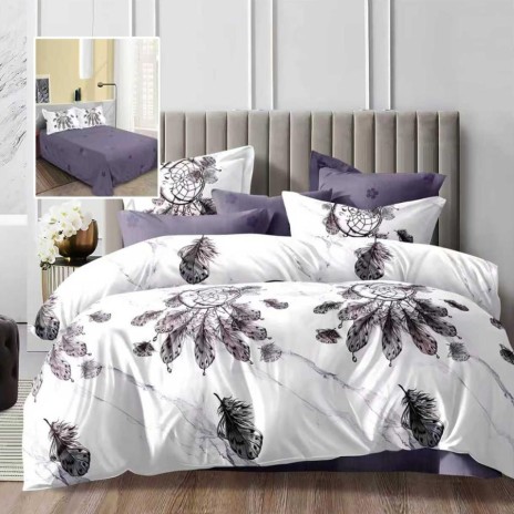 Lenjerie de pat dublu alba cu imprimeu pene gri mov si cearsaf drept uni mov inchis