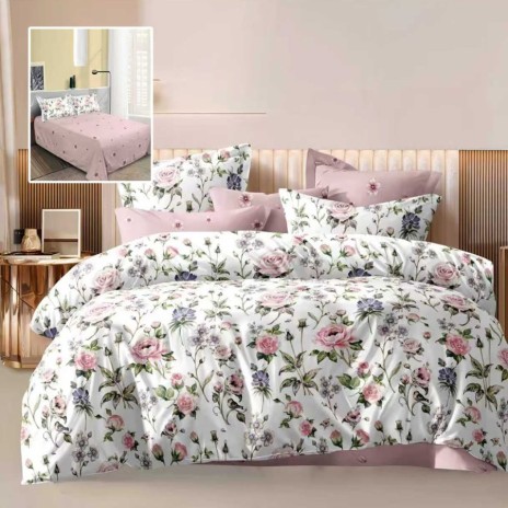 Lenjerie de pat dublu alba cu imprimeu trandafiri roz si cearsaf drept roz deschis