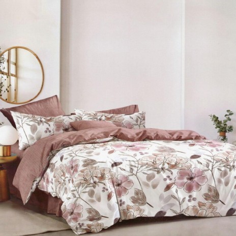 Lenjerie de pat dublu cu imprimeu floral de flori roz și accente gri pe fundal alb. Lenjerii de pat 1+1 gratis.