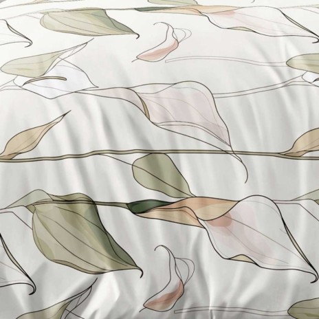 Lenjerie pat dublu model cu flori abstracte roz si frunze verzi, 1+1 gratis microfibra