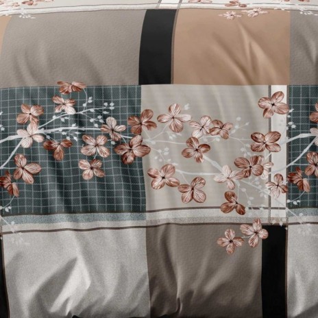 Lenjerie pat dublu model carouri florale bej 1+1 gratis microfibra