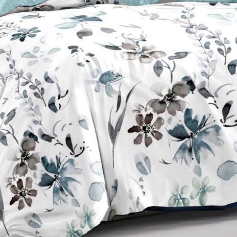 Lenjerie pat dublu model floral pictat bleu-gri 1+1 gratis microfibra