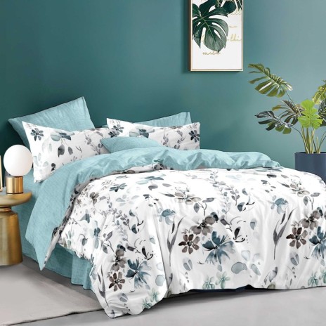 Lenjerie pat dublu model floral pictat bleu-gri 1+1 gratis microfibra