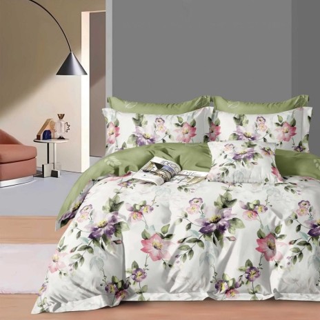 Lenjerie pat dublu model flori acuarela roz mov 1+1 gratis microfibra