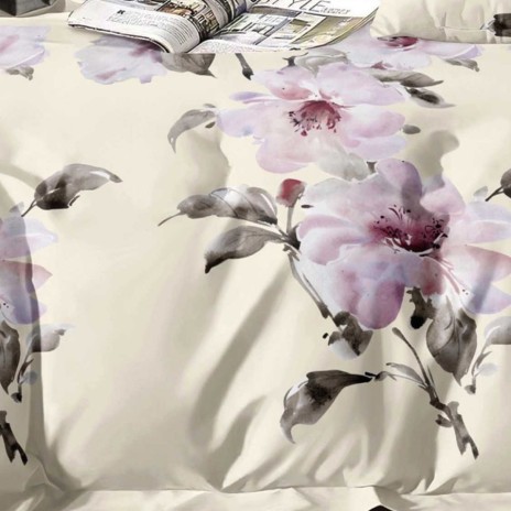 Lenjerie pat dublu model flori roz pastel crem 1+1 gratis microfibra