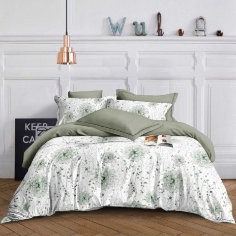 Lenjerie pat dublu model flori verzi delicate 1+1 gratis microfibra