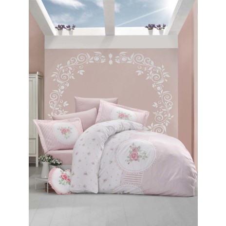 Lenjerie de pat dublu Ralex Pucioasa Anrosen, bumbac 100% ranforce, design roz și alb, motive florale și dungi delicate