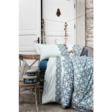 Lenjerie de pat bumbac 100% ranforce Avonni cu design geometric albastru și alb
