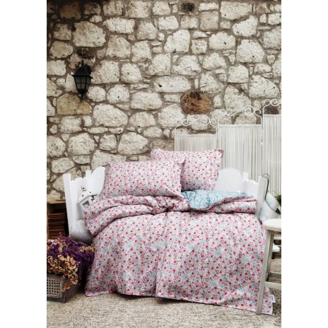 Lenjerie de pat bumbac 100% ranforce Bosanti cu imprimeu floral multicolor pe fundal alb