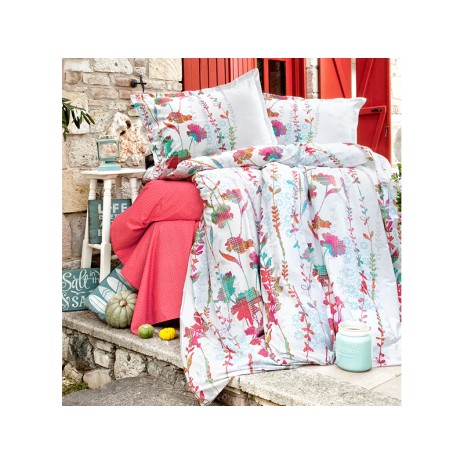 Lenjerie de pat dublu Ralex Pucioasa Catra, bumbac 100% ranforce, design vibrant alb și roșu, motive florale colorate și detalii pline de viață