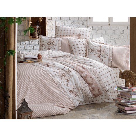 Lenjerie de pat dublu Ralex Pucioasa Costa, bumbac 100% ranforce, design elegant alb și maro, motive florale și geometrice pentru un aspect clasic și rafinat