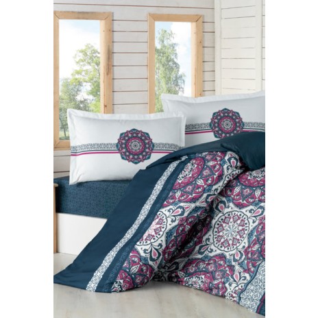Lenjerie de pat dublu Ralex Pucioasa Enjoy, bumbac 100% ranforce, design albastru, alb și roșu, motive tradiționale și detalii ornamentale