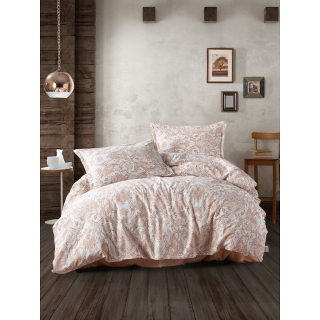 Lenjerie de pat dublu bumbac 100% ranforce Ralex Pucioasa Havana cu design baroc în nuanțe de bej și alb.