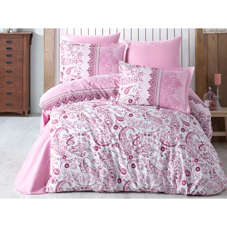Lenjerie de pat bumbac 100% ranforce Kos v2 cu design floral roz și alb și detalii ornamentale elegante