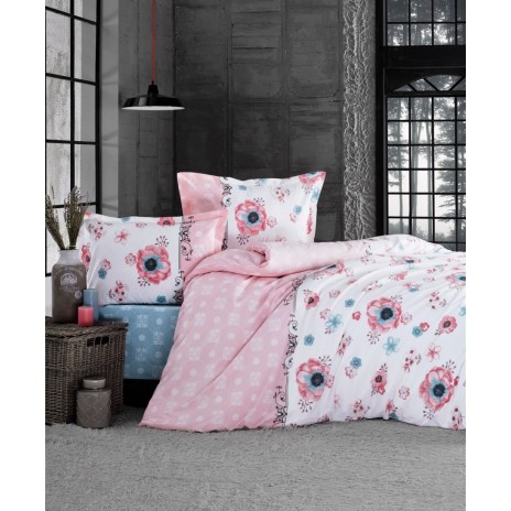 Lenjerie de pat bumbac 100% ranforce Lir V1 cu model floral în nuanțe de roz, albastru și alb