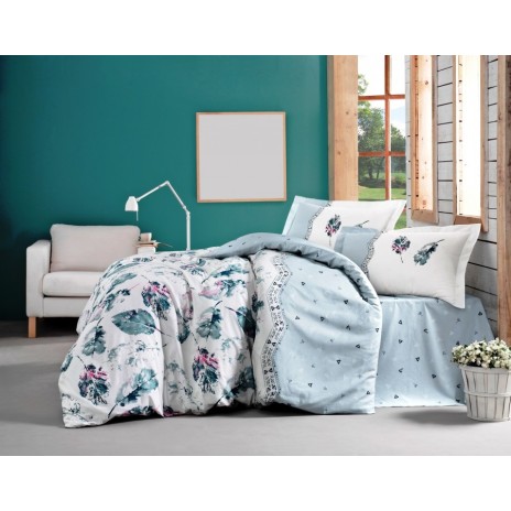 Lenjerie de pat bumbac 100% ranforce Luda V3 cu model floral verde și roz pe fundal alb și detalii bleu