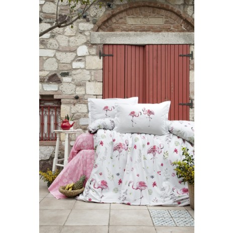 Lenjerie de pat din bumbac ranforce Mina cu design floral și imprimeu de flamingo, în nuanțe de roz, verde și alb