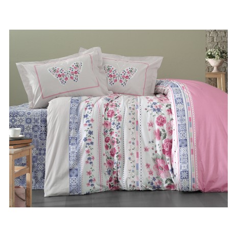 Lenjerie de pat bumbac 100% ranforce Monella v1 cu design floral colorat și fluturi