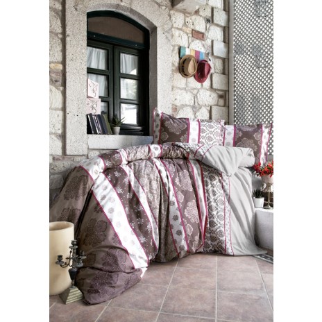Lenjerie de pat din bumbac ranforce Nova V1 cu design floral și dungi diagonale, în nuanțe de maro, alb și roz