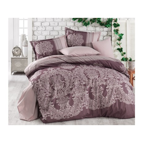 Lenjerie de pat bumbac 100% ranforce Oslo v2 cu design elegant în nuanțe de maro și crem, și motive ornamentale elaborate