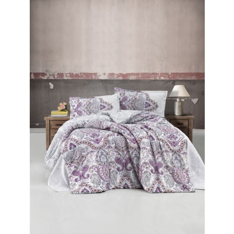 Lenjerie de pat dublu bumbac 100% ranforce Ralex Pucioasa Paliza cu design paisley în nuanțe de mov și gri.