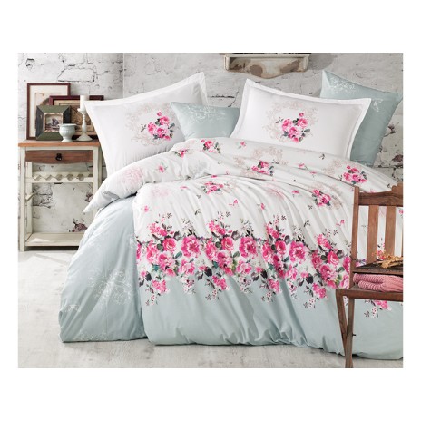 Lenjerie de pat bumbac 100% ranforce Rade cu design floral alb și gri deschis, și flori roz