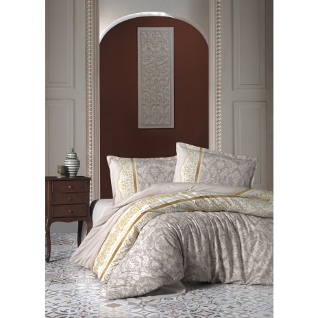 Lenjerie de pat dublu bumbac 100% ranforce Ralex Pucioasa Roco V1, design baroc elegant, bej și auriu