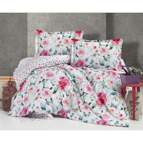 Lenjerie de pat dublu bumbac 100%, model floral cu trandafiri roz și roșii pe fundal alb.