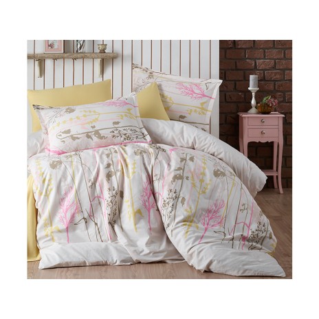 Lenjerie de pat bumbac 100% ranforce Santorini cu design floral delicat alb, roz, galben și crem